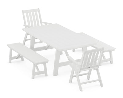 Vineyard Folding Chair 5-Piece Rustic Farmhouse Dining Set With Benches