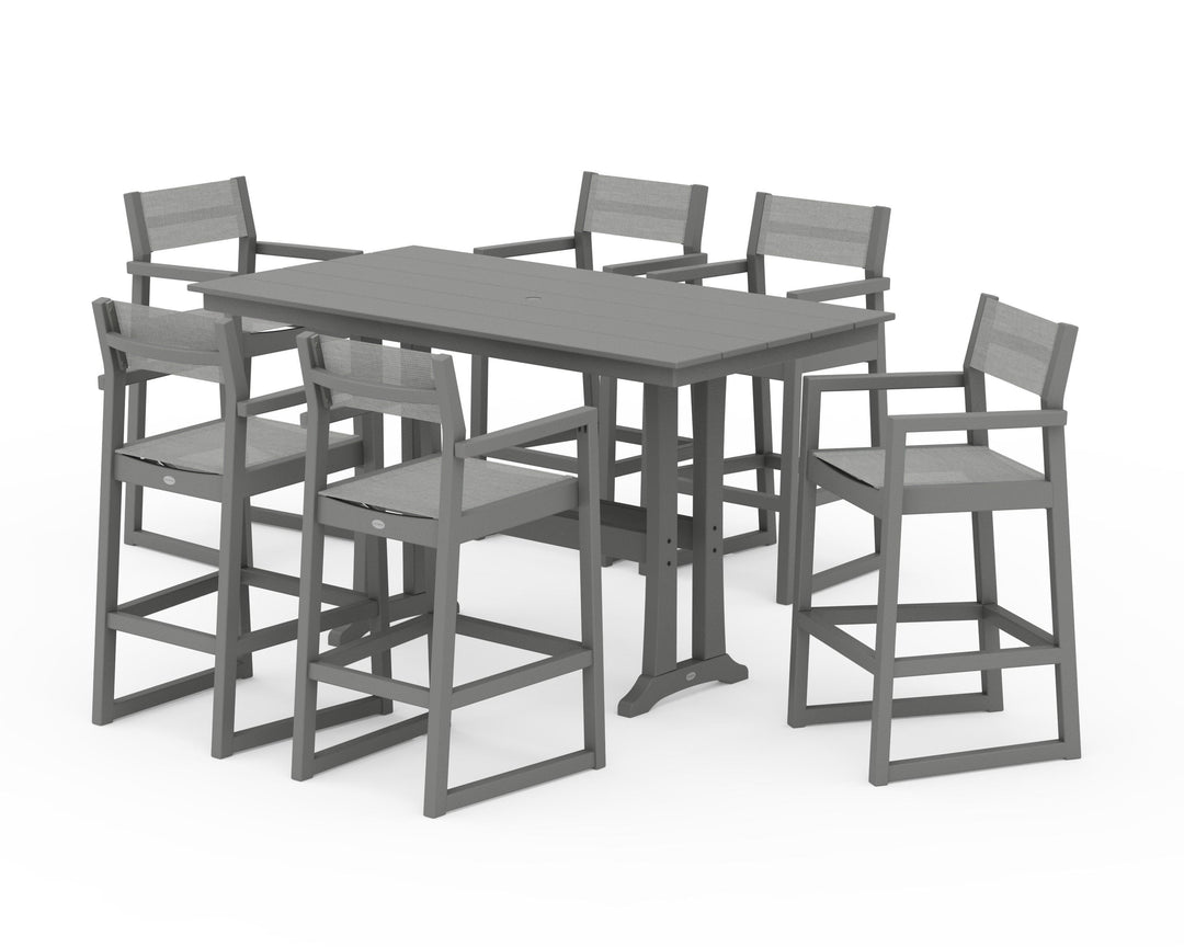 POLYWOOD® EDGE Sling Arm Chair 7-Piece Farmhouse Bar Set with Trestle Legs