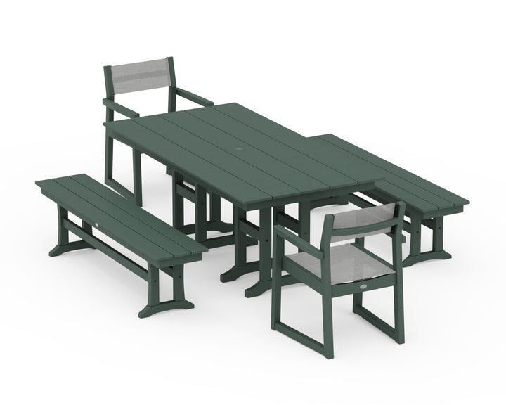 POLYWOOD® EDGE Sling Arm Chair 5-Piece Farmhouse Dining Set with Benches