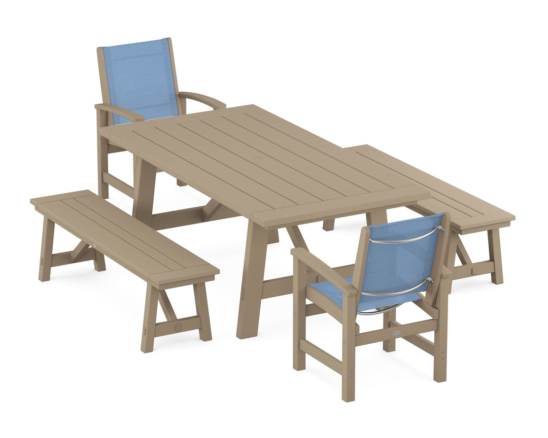 POLYWOOD® Coastal 5-Piece Rustic Farmhouse Dining Set With Benches