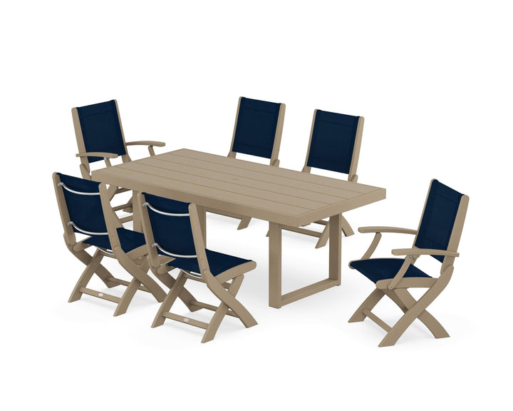 POLYWOOD® Coastal Folding Chair 7-Piece Dining Set with Trestle Legs