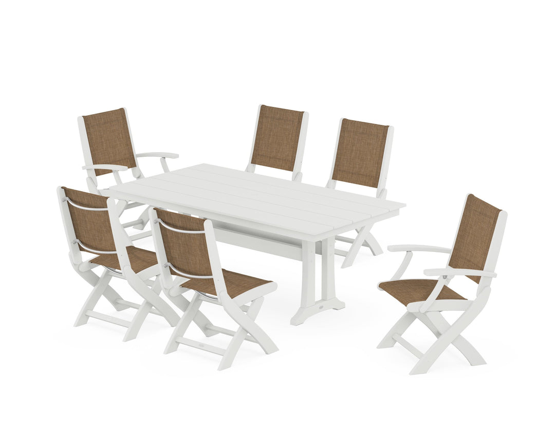 POLYWOOD® Coastal Folding Chair 7-Piece Farmhouse Dining Set with Trestle Legs