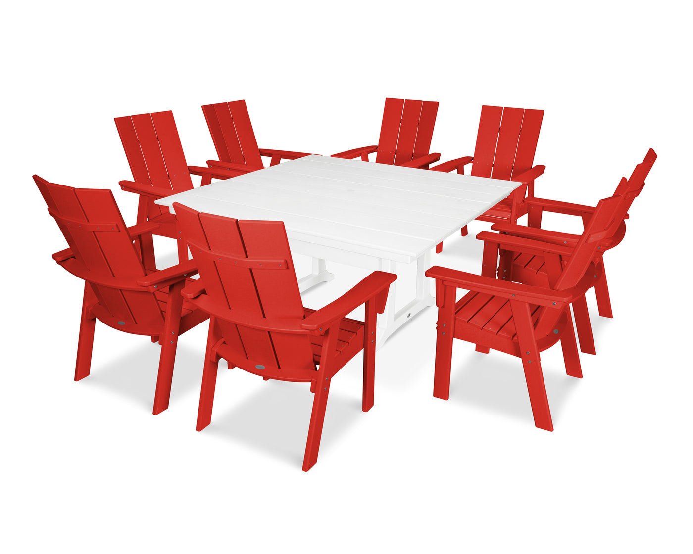 Modern Curveback Adirondack 9-Piece Farmhouse Trestle Dining Set