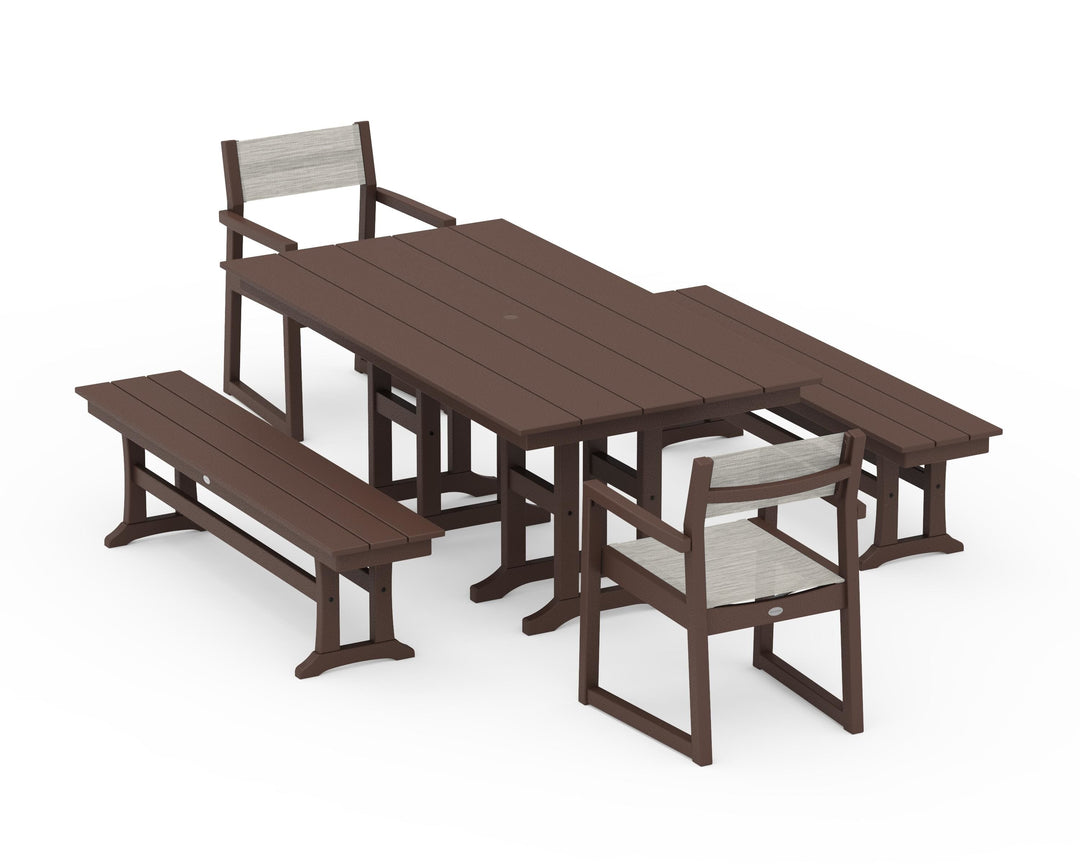 POLYWOOD® EDGE Sling Arm Chair 5-Piece Farmhouse Dining Set with Benches