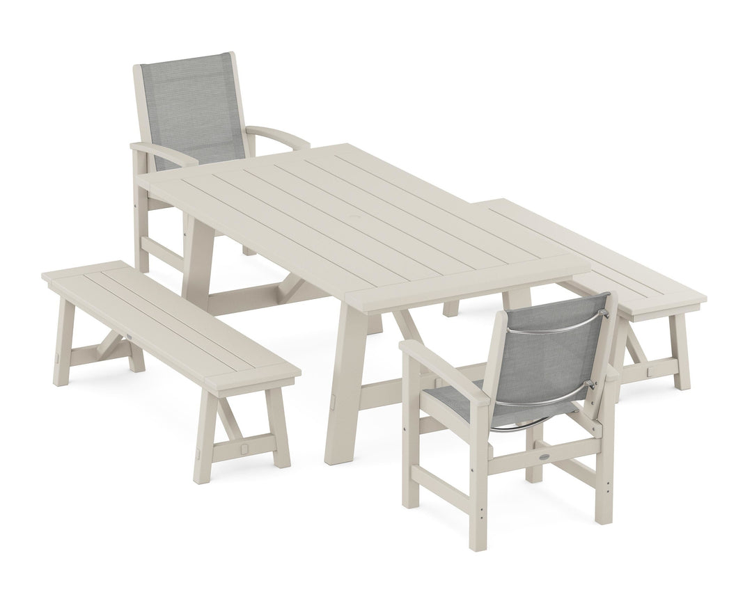 POLYWOOD® Coastal 5-Piece Rustic Farmhouse Dining Set With Benches