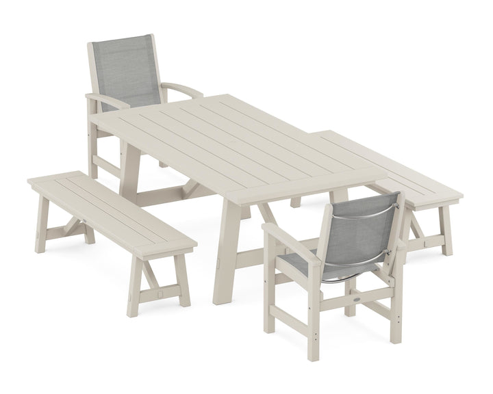 POLYWOOD® Coastal 5-Piece Rustic Farmhouse Dining Set With Benches