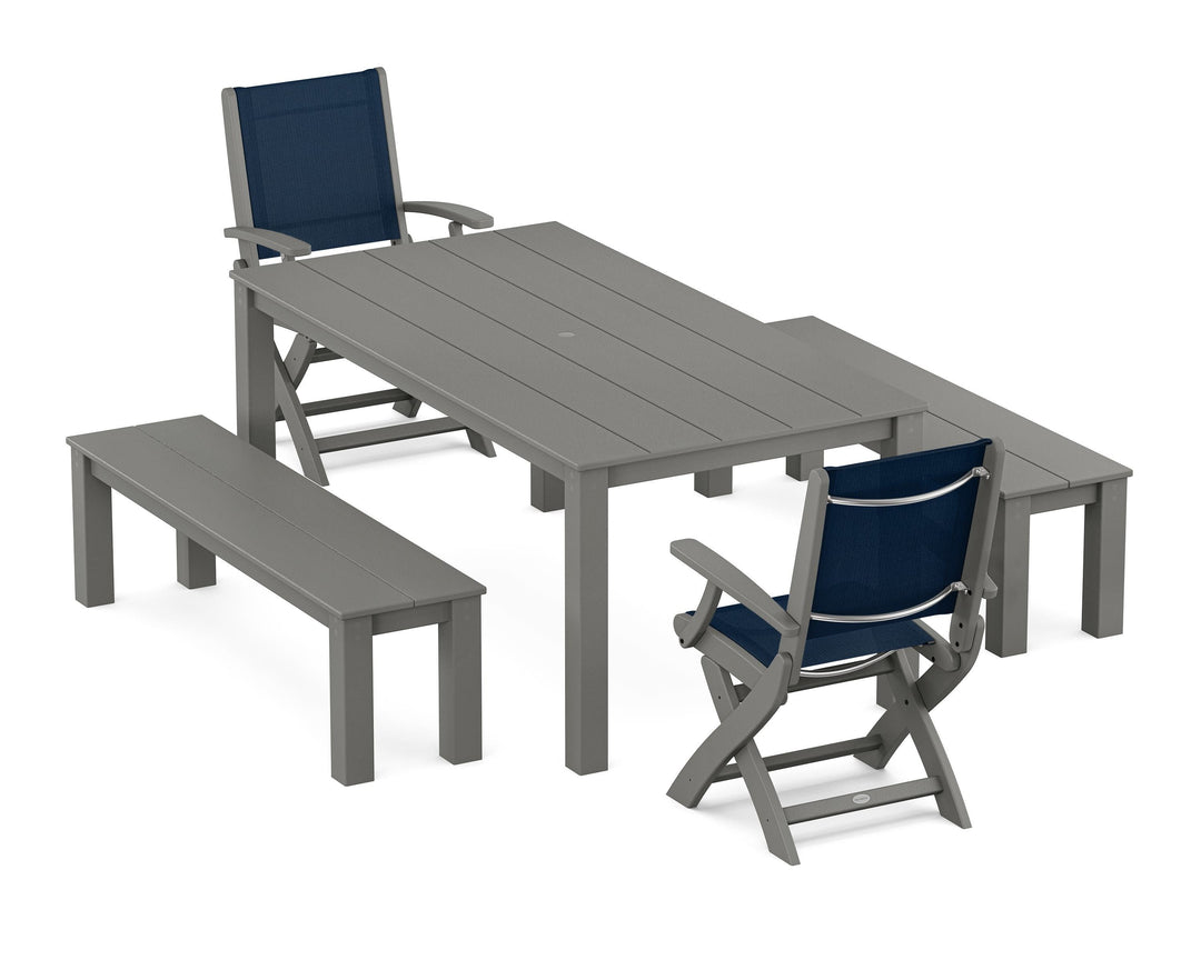 POLYWOOD® Coastal Folding Chair 5-Piece Parsons Dining Set with Benches