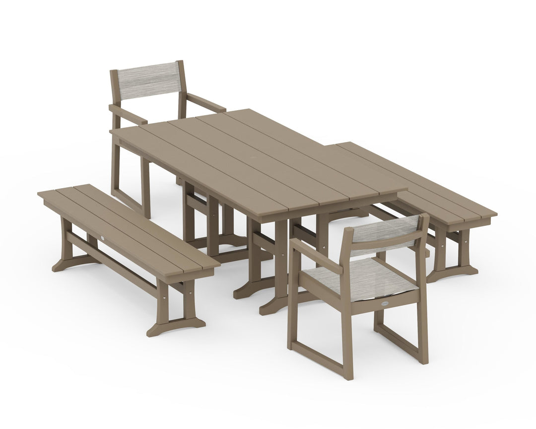 POLYWOOD® EDGE Sling Arm Chair 5-Piece Farmhouse Dining Set with Benches