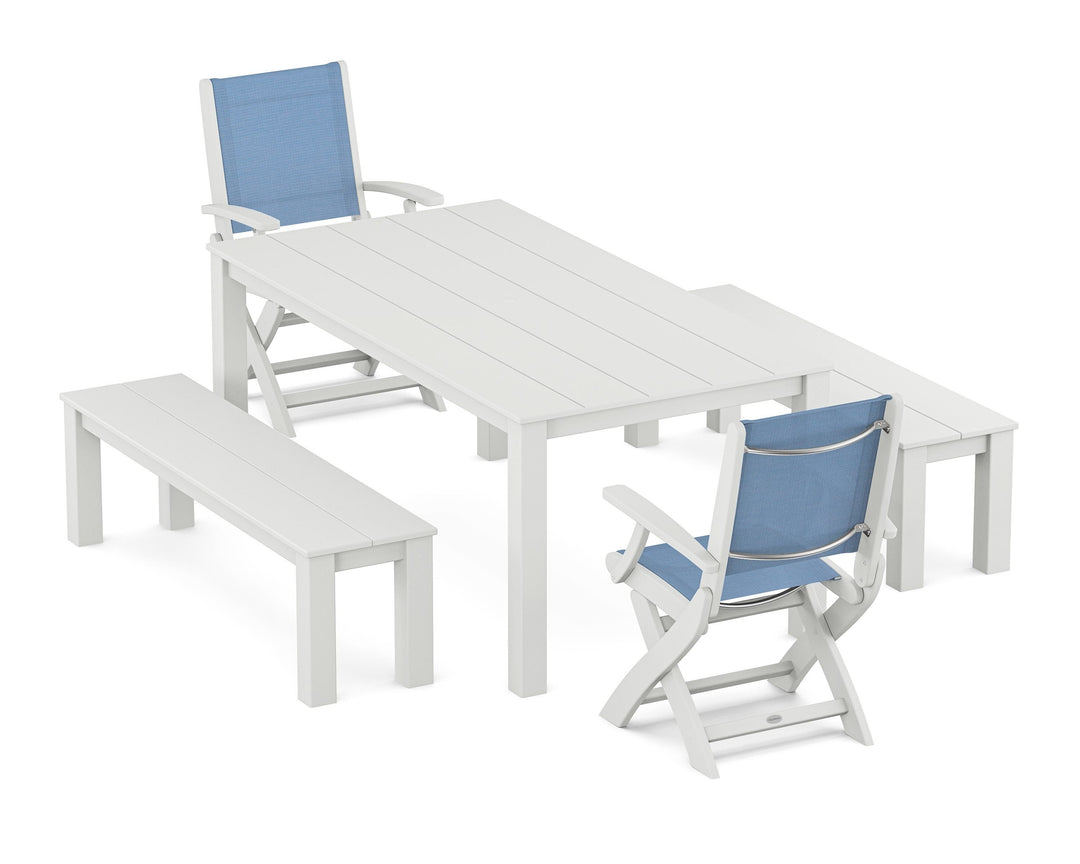 POLYWOOD® Coastal Folding Chair 5-Piece Parsons Dining Set with Benches