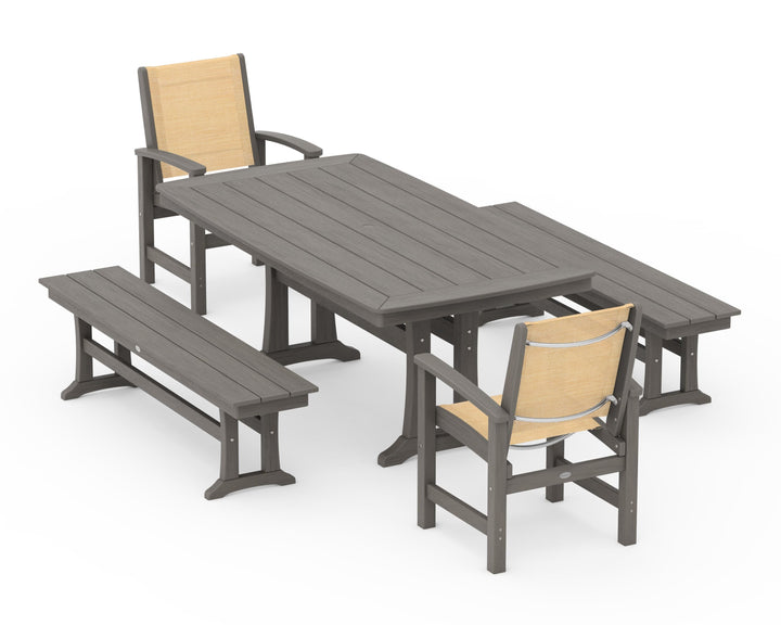 POLYWOOD® Coastal 5-Piece Dining Set with Trestle Legs and Benches