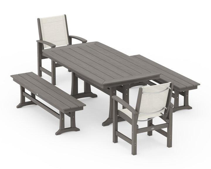 POLYWOOD® Coastal 5-Piece Dining Set with Trestle Legs and Benches