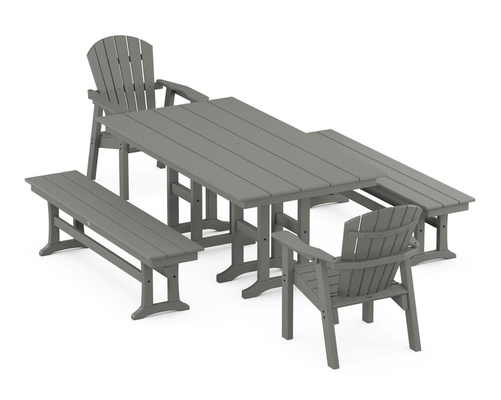 POLYWOOD® Seashell 5-Piece Farmhouse Dining Set with Benches