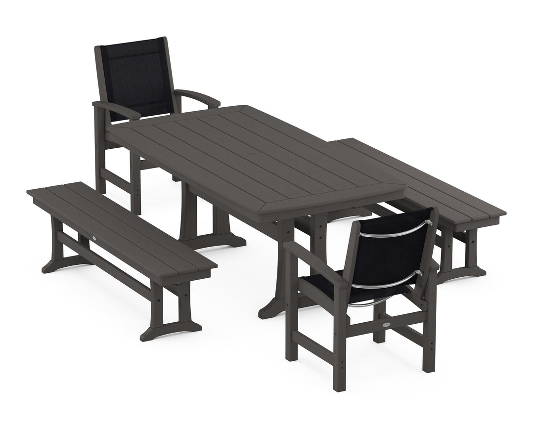 POLYWOOD® Coastal 5-Piece Dining Set with Trestle Legs and Benches