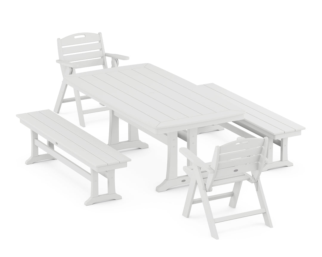 POLYWOOD® Nautical Folding Lowback Chair 5-Piece Dining Set with Trestle Legs and Benches