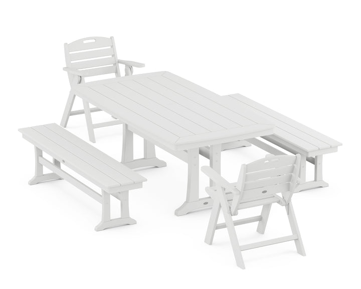 POLYWOOD® Nautical Folding Lowback Chair 5-Piece Dining Set with Trestle Legs and Benches
