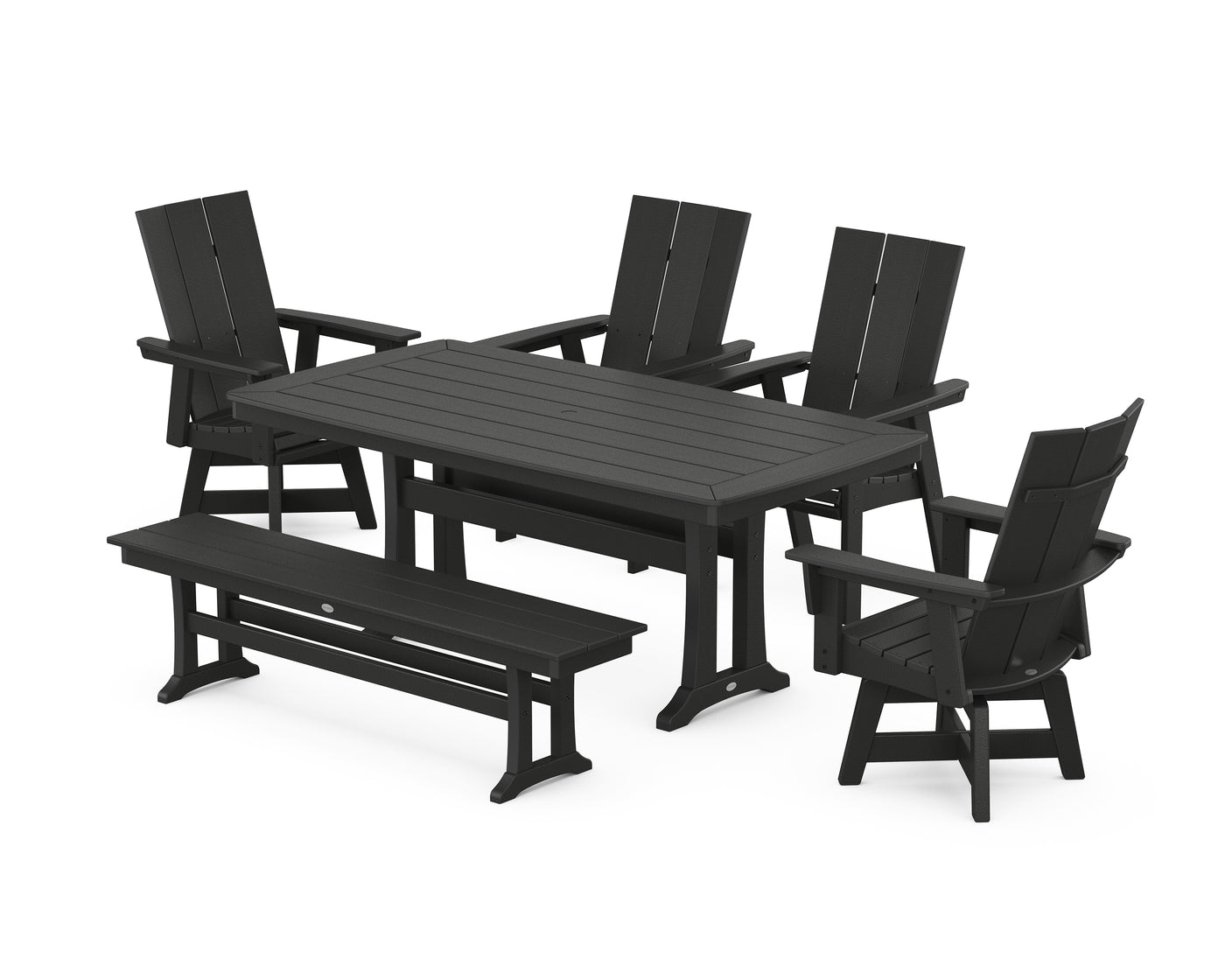 Modern Curveback Adirondack Swivel Chair 6-Piece Dining Set with Trestle Legs and Bench