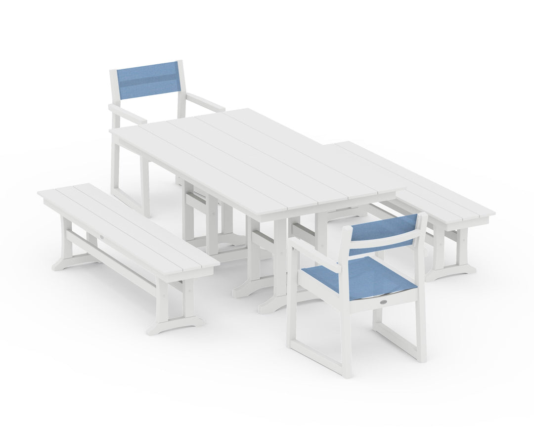 POLYWOOD® EDGE Sling Arm Chair 5-Piece Farmhouse Dining Set with Benches