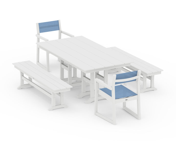 POLYWOOD® EDGE Sling Arm Chair 5-Piece Farmhouse Dining Set with Benches