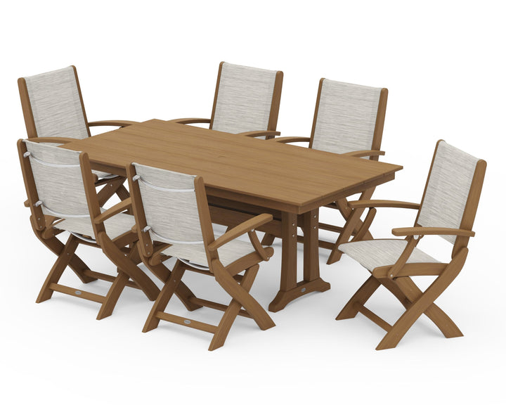 POLYWOOD® Coastal Folding Arm Chair 7-Piece Farmhouse Dining Set with Trestle Legs