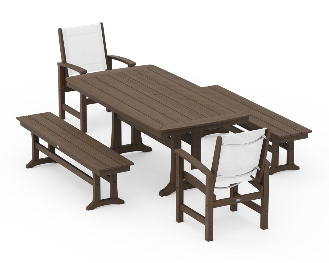 POLYWOOD® Coastal 5-Piece Dining Set with Trestle Legs and Benches