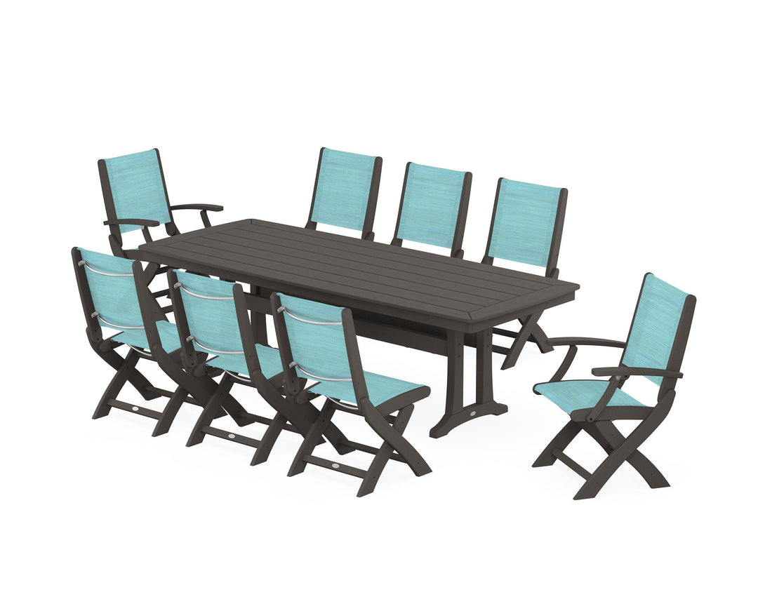 POLYWOOD® Coastal Folding 9-Piece Dining Set with Trestle Legs