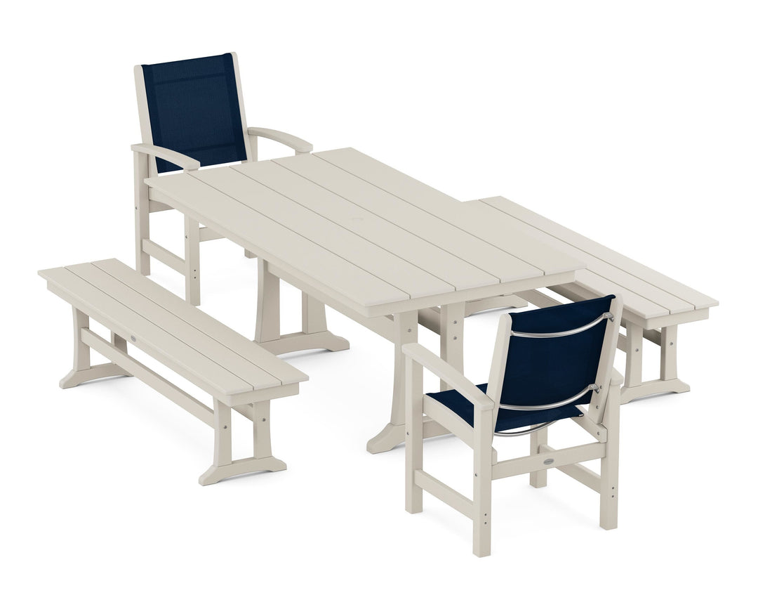 POLYWOOD® Coastal 5-Piece Farmhouse Dining Set with Trestle Legs and Benches