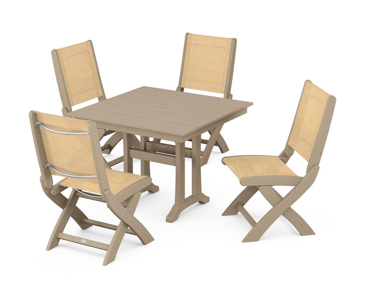 POLYWOOD® Coastal Folding Side Chair 5-Piece Farmhouse Dining Set With Trestle Legs