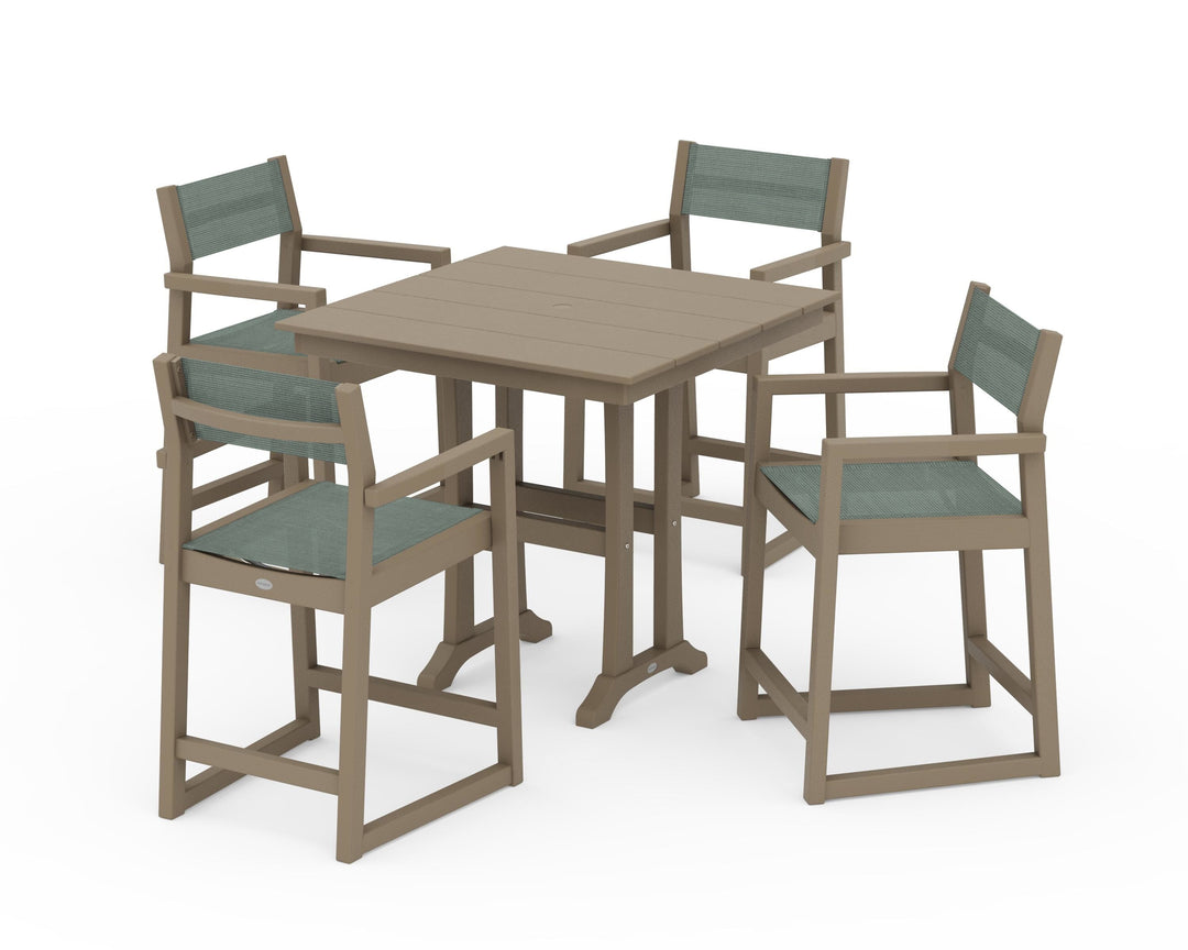 POLYWOOD® EDGE Sling Arm Chair 5-Piece Farmhouse Counter Set with Trestle Legs