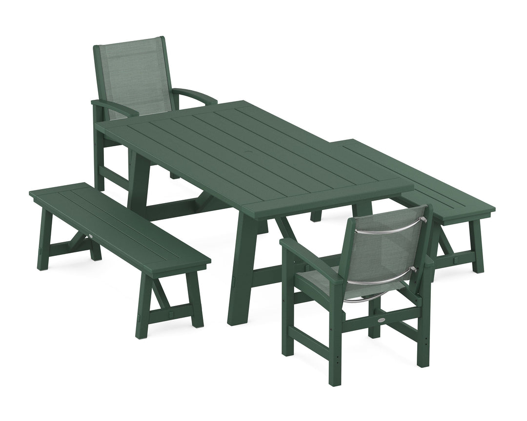 POLYWOOD® Coastal 5-Piece Rustic Farmhouse Dining Set With Benches