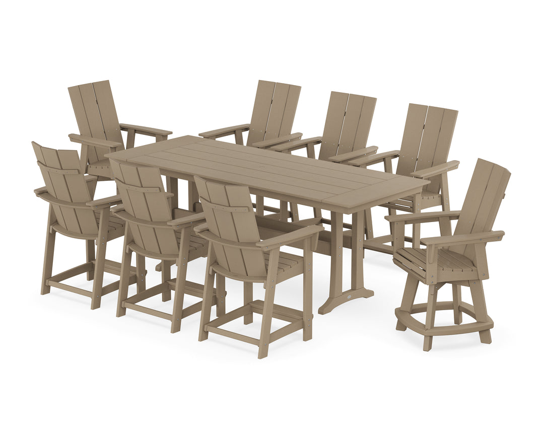 POLYWOOD® Modern Curveback Adirondack Swivel 9-Piece Farmhouse Counter Set with Trestle Legs