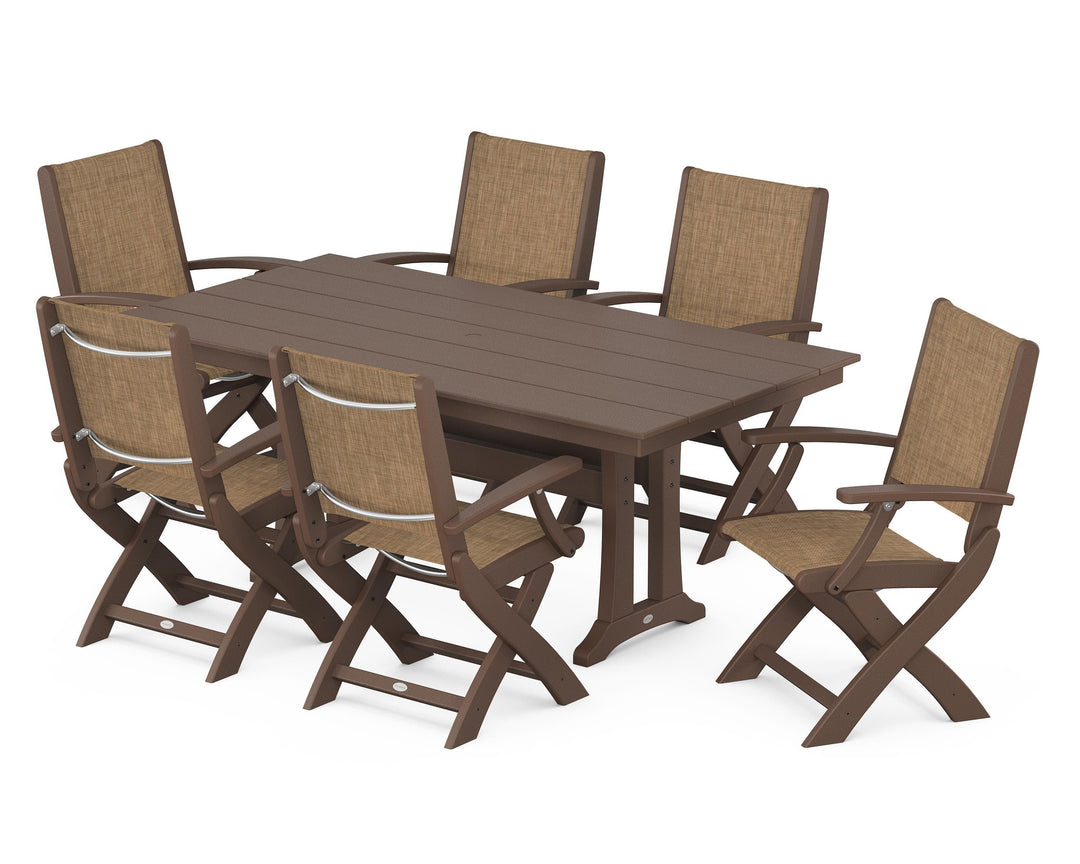 POLYWOOD® Coastal Folding Arm Chair 7-Piece Farmhouse Dining Set with Trestle Legs