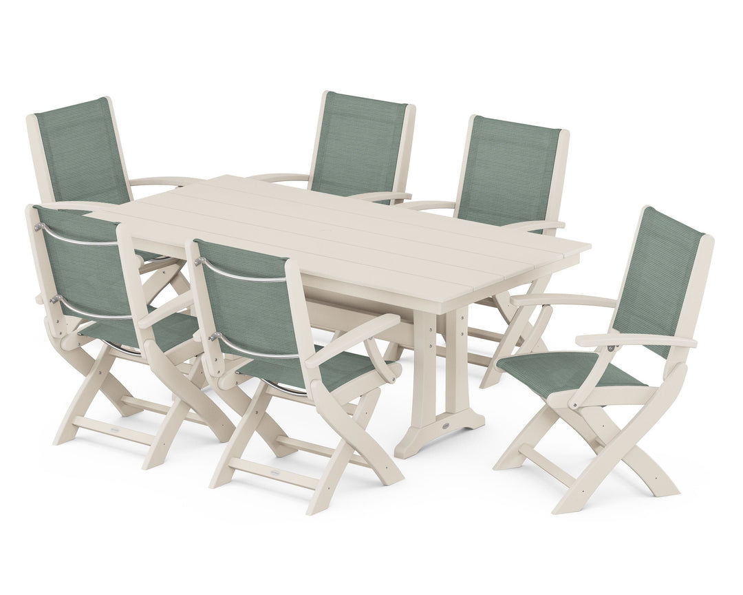 POLYWOOD® Coastal Folding Arm Chair 7-Piece Farmhouse Dining Set with Trestle Legs