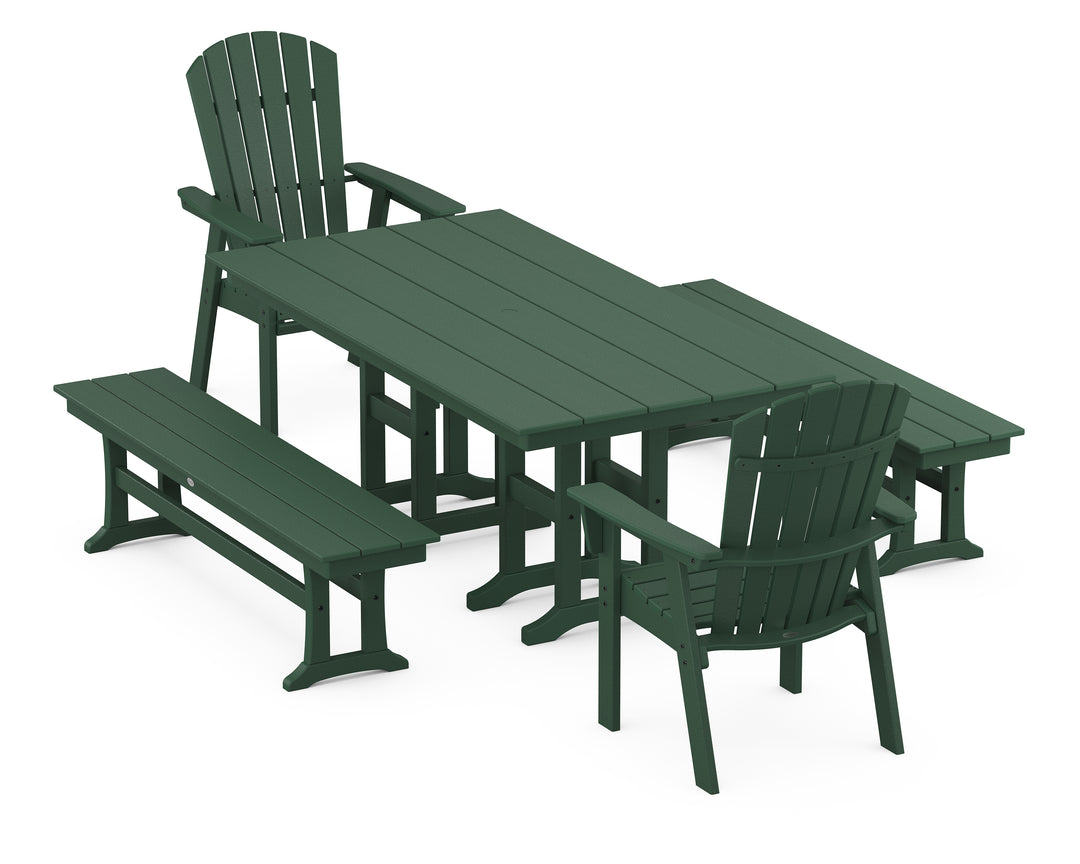 POLYWOOD® Nautical Curveback Adirondack 5-Piece Farmhouse Dining Set with Benches