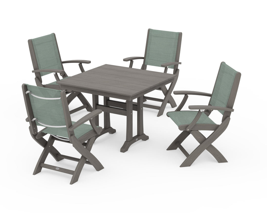 POLYWOOD® Coastal Folding Chair 5-Piece Farmhouse Dining Set With Trestle Legs