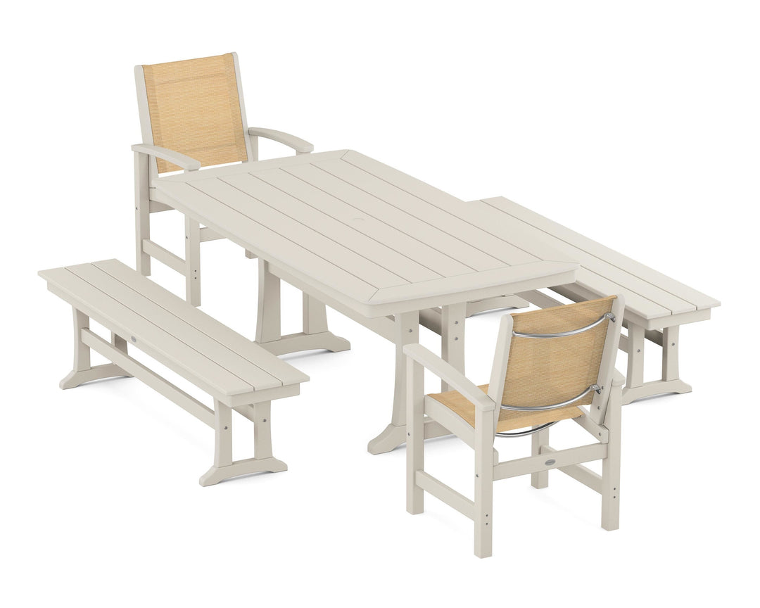 POLYWOOD® Coastal 5-Piece Dining Set with Trestle Legs and Benches