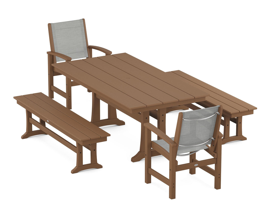 POLYWOOD® Coastal 5-Piece Farmhouse Dining Set with Trestle Legs and Benches