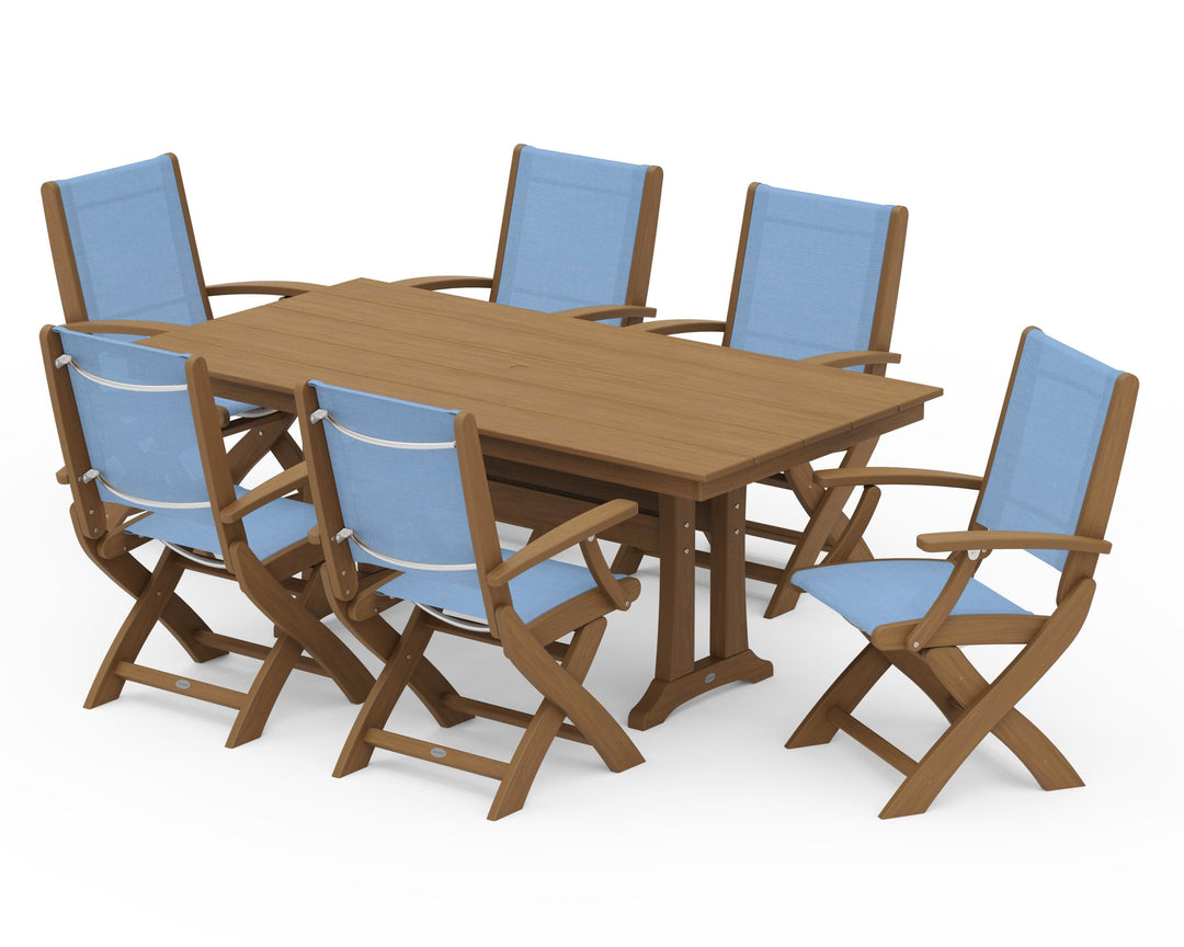 POLYWOOD® Coastal Folding Arm Chair 7-Piece Farmhouse Dining Set with Trestle Legs
