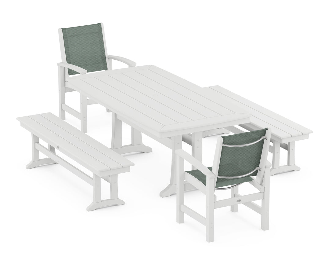 POLYWOOD® Coastal 5-Piece Dining Set with Trestle Legs and Benches