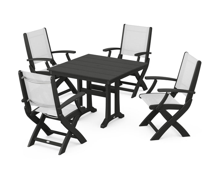 POLYWOOD® Coastal Folding Chair 5-Piece Farmhouse Dining Set With Trestle Legs