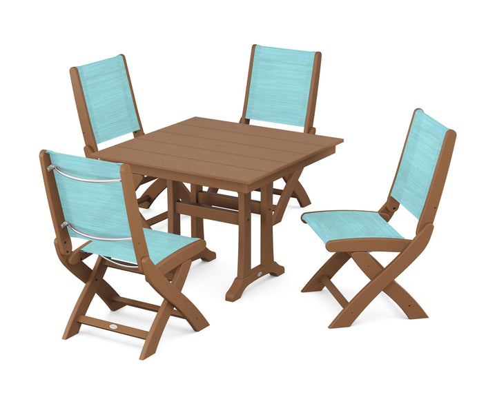 POLYWOOD® Coastal Folding Side Chair 5-Piece Farmhouse Dining Set With Trestle Legs
