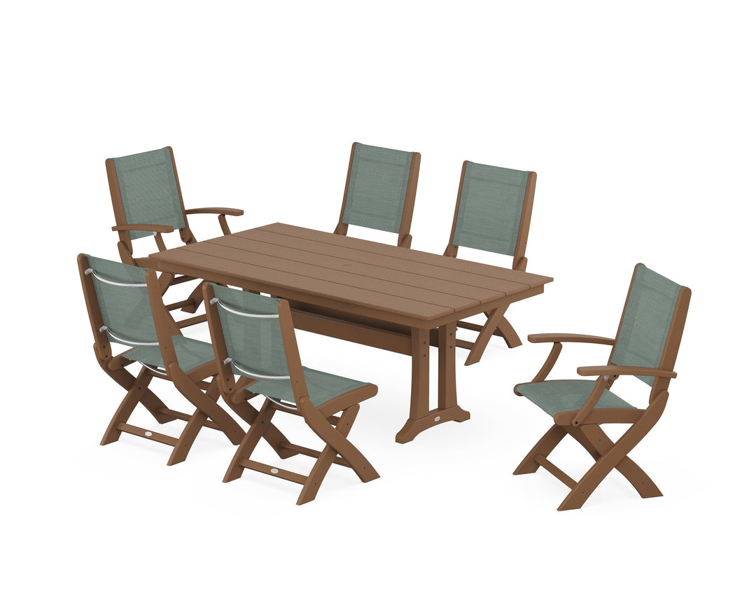 POLYWOOD® Coastal Folding Chair 7-Piece Farmhouse Dining Set with Trestle Legs
