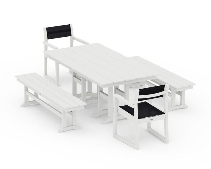 POLYWOOD® EDGE Sling Arm Chair 5-Piece Farmhouse Dining Set with Benches