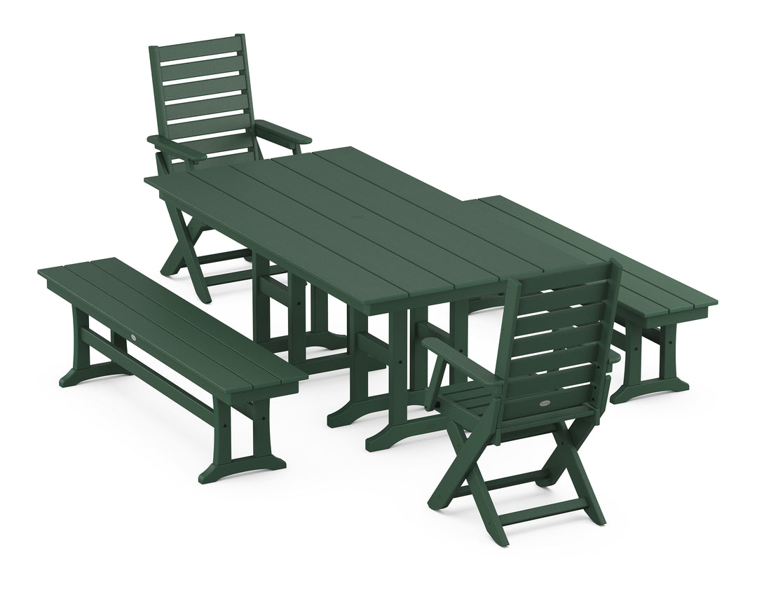 POLYWOOD® Captain Folding Chair 5-Piece Farmhouse Dining Set with Benches