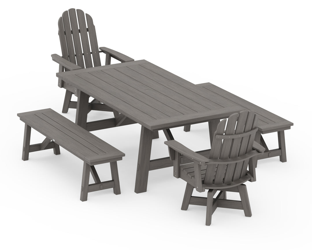 POLYWOOD® VineyardCurveback Adirondack Swivel Chair 5-Piece Rustic Farmhouse Dining Set With Benches
