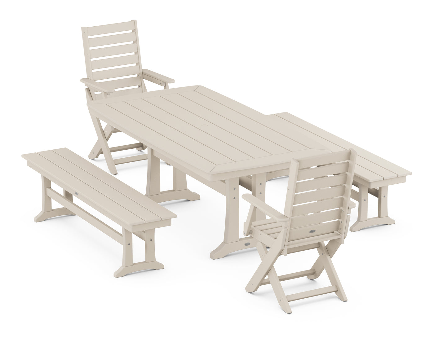 Captain Folding Chair 5-Piece Dining Set with Trestle Legs & Benches