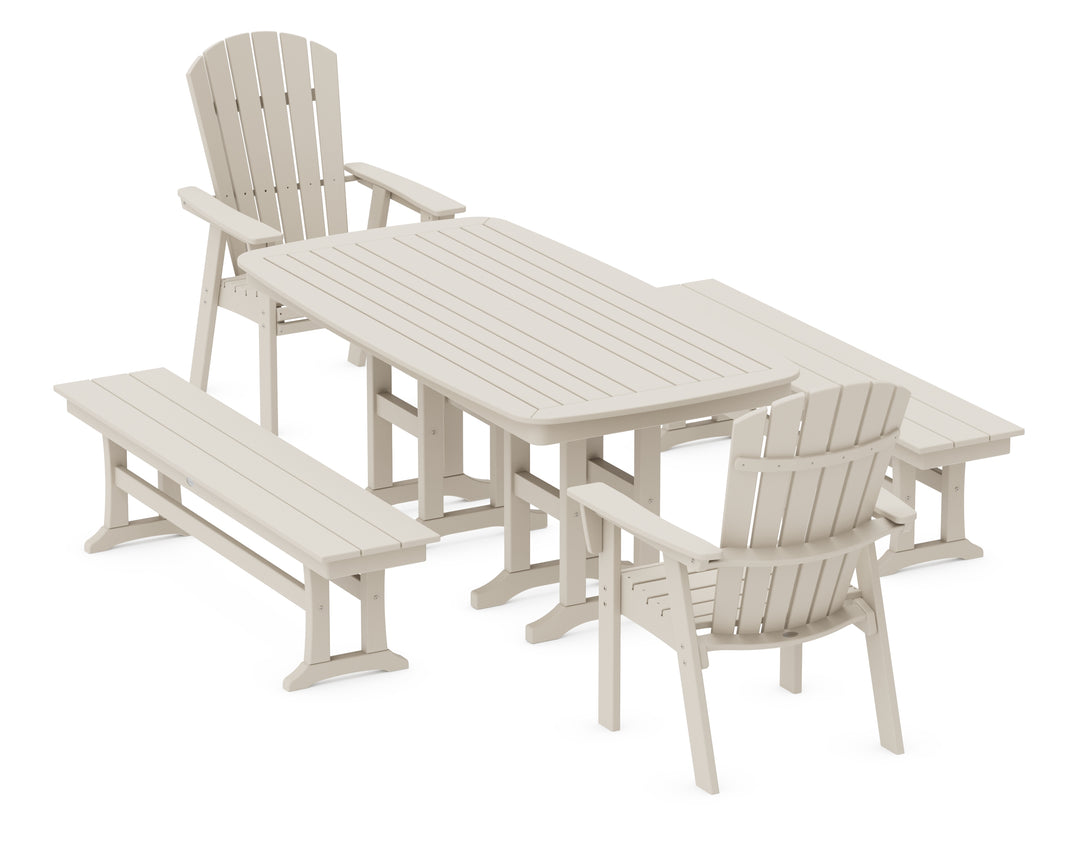 POLYWOOD® Nautical Curveback Adirondack 5-Piece Dining Set with Benches