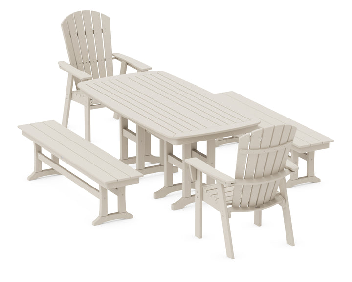 POLYWOOD® Nautical Curveback Adirondack 5-Piece Dining Set with Benches