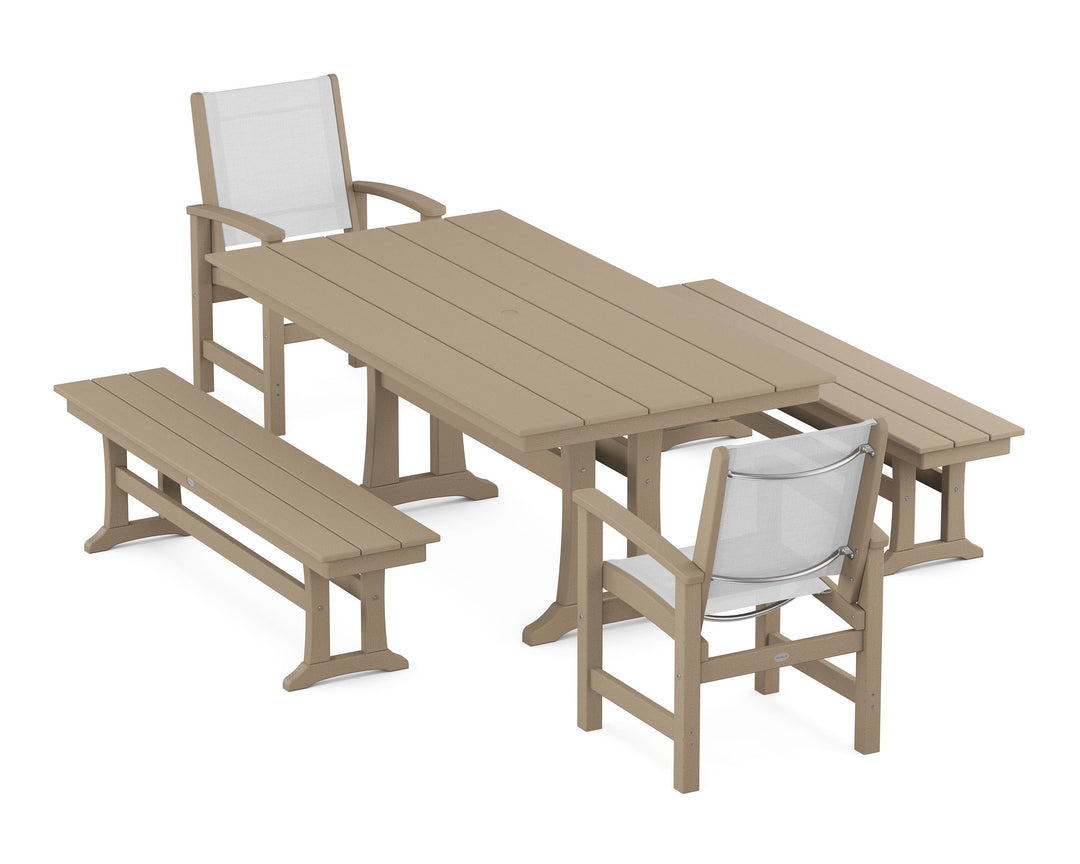 POLYWOOD® Coastal 5-Piece Farmhouse Dining Set with Trestle Legs and Benches