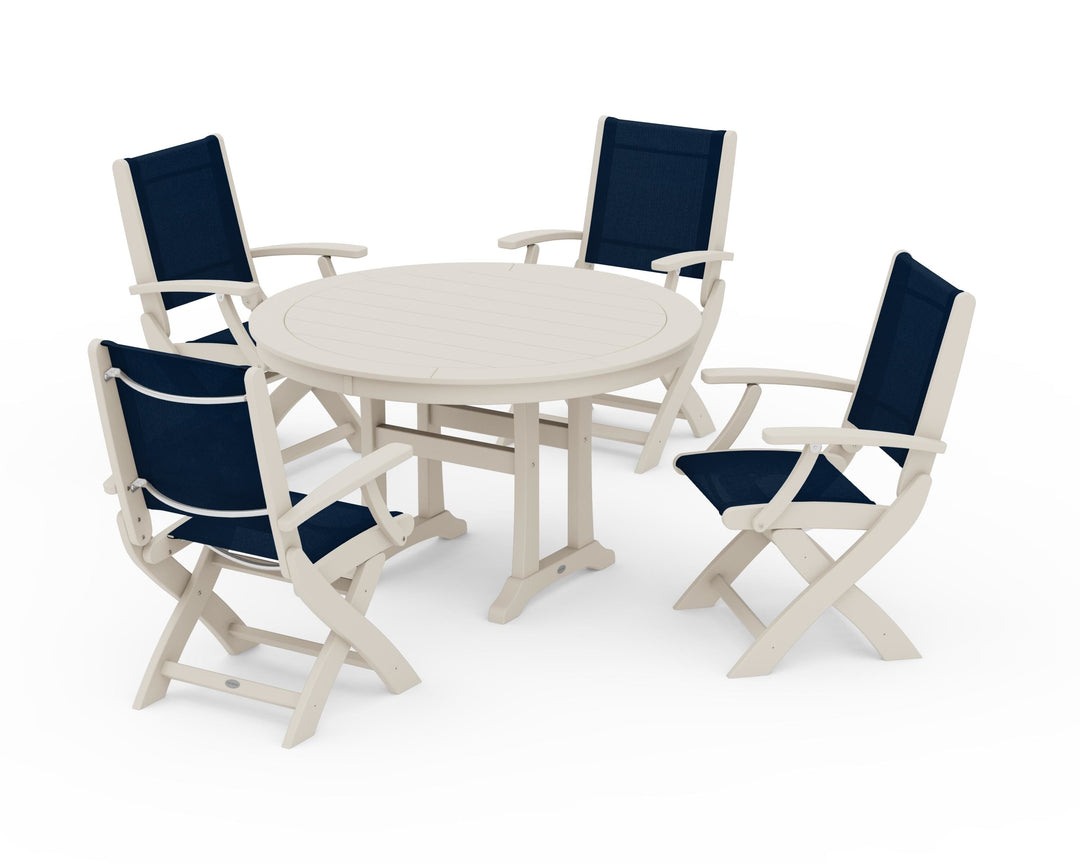 POLYWOOD® Coastal Folding Chair 5-Piece Round Dining Set with Trestle Legs