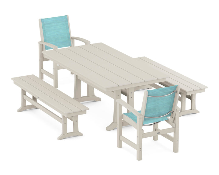 POLYWOOD® Coastal 5-Piece Farmhouse Dining Set with Trestle Legs and Benches